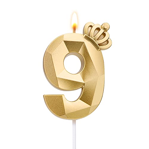 Number Birthday Candle, 3.1inch/7.9cm 3D Number Candle with Crown Decoration Large Cake Topper Birthday Cake Number Candle for Wedding Anniversary Graduation Holiday Party (Gold, 9) von TOYMIS