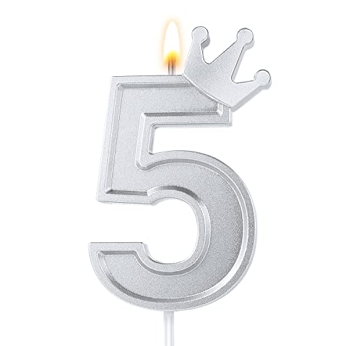 7,6cm Geburtstag Nummer Kerzen, Kronen Kerze 3D Zahlen Geburtstagskerzen Tortenaufsatz mit Krone Kuchenzahlkerzen Zahlenkerzen für Geburtstag Jubiläum Partys (Silber, 5) von TOYMIS