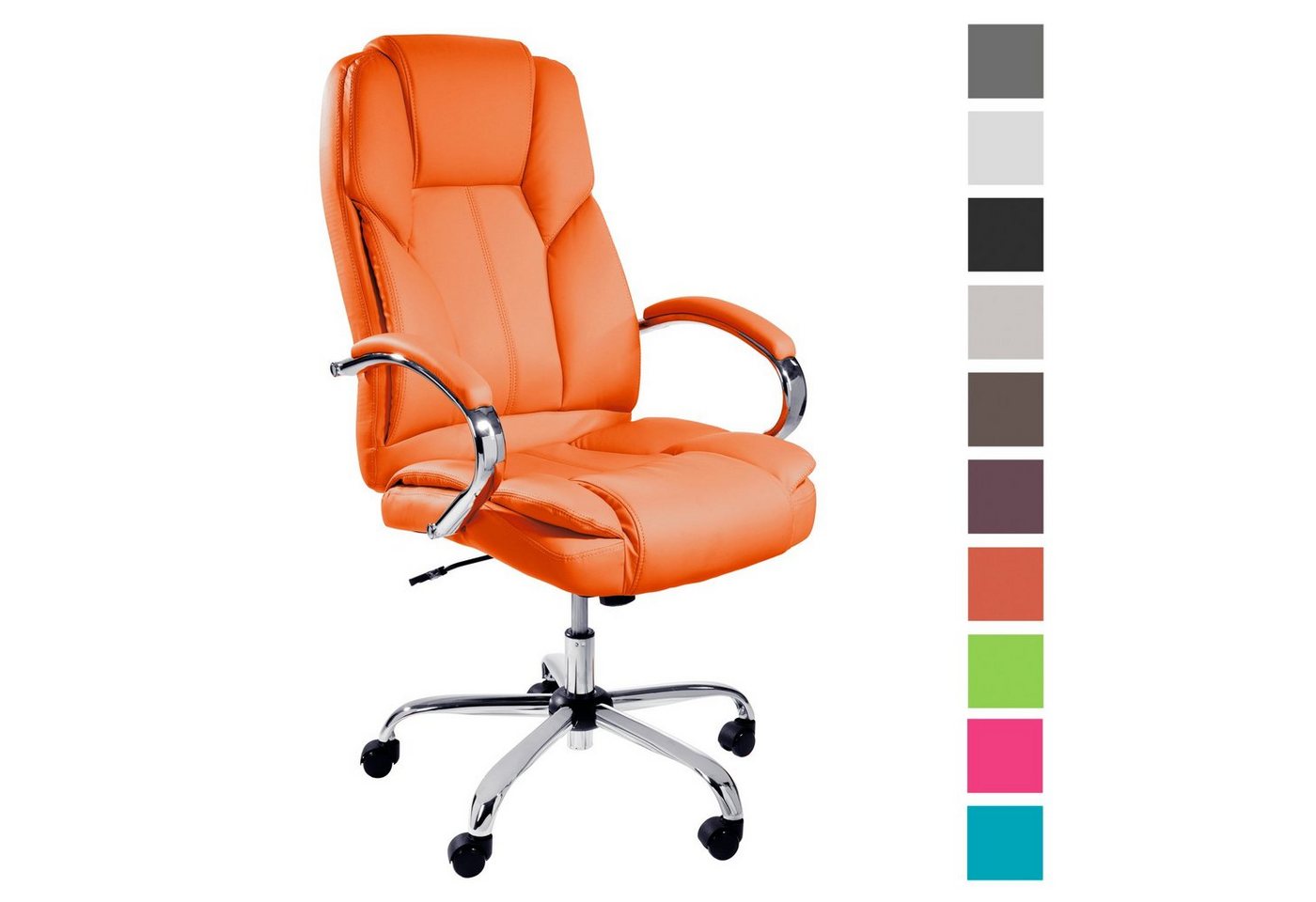 TPFLiving Chefsessel Dallas mit abgebremsten Rollen (XXL Bürostuhl ergonomisch gepolsterter Schreibtischstuhl), Drehstuhl aus Kunstleder, Belastbarkeit bis 215kg - Orange von TPFLiving