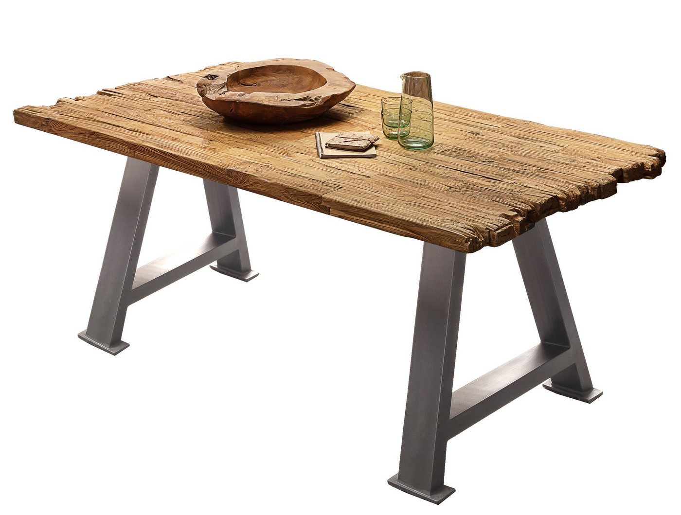 TPFLiving Esstisch Isaak - Platte Teak, Gestell Metall (Platte natur, Gestell antiksilbern, Esstisch - Desinger Tisch Luxus - Esstisch massiv), Plattenstärke 50 mm - Esstisch 160x90cm von TPFLiving