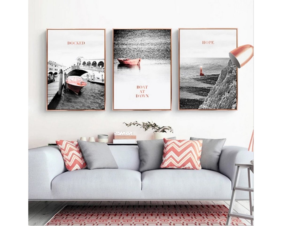 TPFLiving Kunstdruck (OHNE RAHMEN) Poster - Leinwand - Wandbild, Rosa Boote auf grauem Hintergrund - Wanddeko Wohnzimmer - (7 verschiedene Größen zur Auswahl - Auch im günstigen 3-er Set), Farben: Rosa, Grau - Größe: 60x80cm von TPFLiving