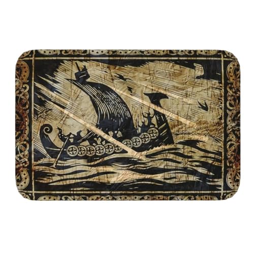 Wikingerschiff Bedruckte Teppiche - Nordic Vintage Piratenboot Flanell Bereich Teppich Pads - Mittelalterliche Mode Rutschfeste Fußmatte Badematte Boden Teppich Eingangstür Dekor(Size:50CMx80CM) von TQWSVUM