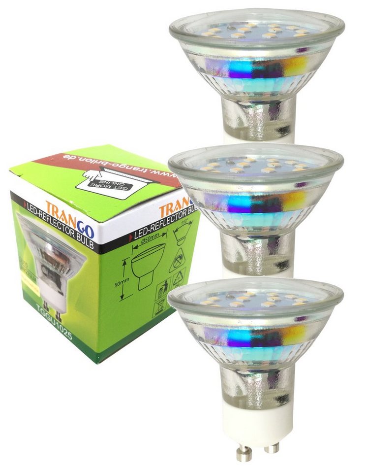 TRANGO LED-Leuchtmittel, 3er Pack GU1025-3 - GU10 3 Watt 3000K warmweiß zum Austausch GU10 & MR16 Halogen Leuchtmittel, für Einbauleuchten, 3 St., Deckenstrahler, Einbaustrahler, Deckenleuchte, Spots von TRANGO