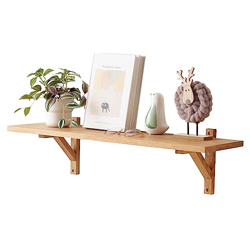 TREOAKWIS Wandregal Eiche, Schweberegal Holz Dekorative Regal, 80cm Wandregal Eiche Massiv Wandboard 2 Dreieck Halterungen für Schlafzimmer, Wohnzimmer, Küche, Flur von TREOAKWIS