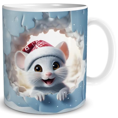 TRIOSK 3d Illusion Tasse Weihnachten mit Mäuse Weihnachtsmotiv Baby Maus bricht durch Becher Mausmotiv Geschenk lustig für Mäuseliebhaber, Keramik, 330ml von TRIOSK