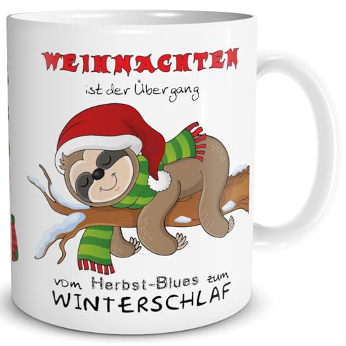 TRIOSK Tasse Faultier Frohe Weihnachten mit Spruch Winterschlaf Weihnachtsmotiv Geschenk lustig für Faultierfans Frauen Männer Kollegen von TRIOSK