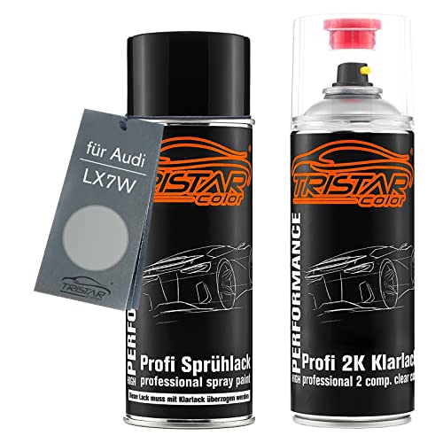 TRISTARcolor Autolack 2K Spraydosen Set für Audi LX7W Eissilber Metallic/Cool Silver Metallic Basislack 2 Komponenten Klarlack Sprühdose von TRISTARcolor