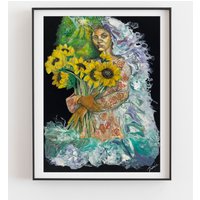 Gerahmtes Großes Poster, Sonnenblumen, Ozean, Sonnenpfad, Meereswellen, Porträt Von Mutter Erde, "Mother Earth" Tronja von TRONMASK