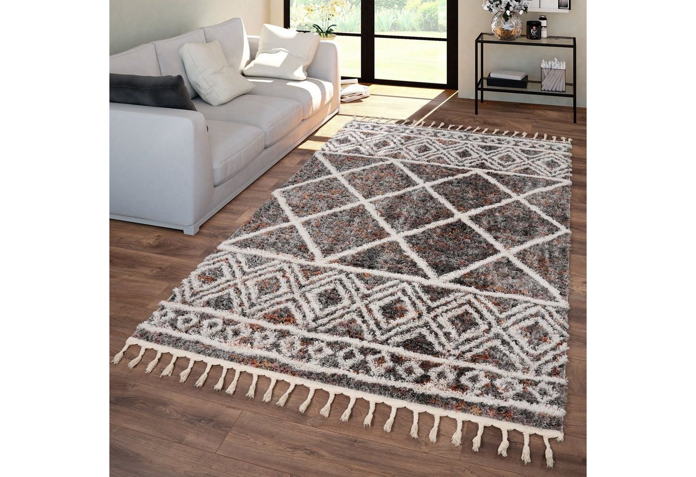 Hochflor-Teppich Wohnzimmer Esszimmer Teppich Hochflor Mit Fransen, TT Home, Läufer, Höhe: 34 mm von TT Home