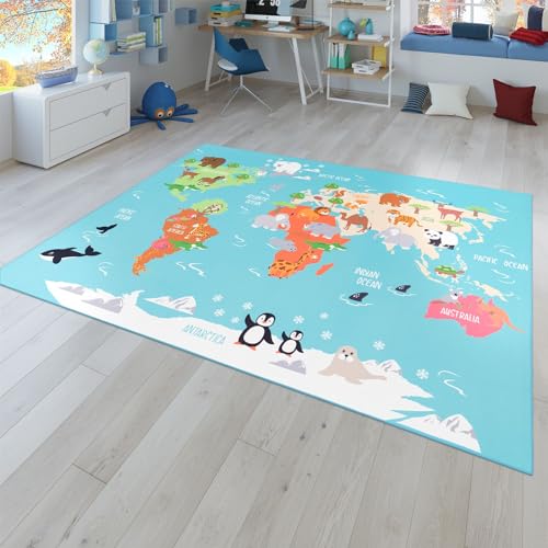 Kinder-Teppich, Spiel-Teppich Für Kinderzimmer, Weltkarte Mit Tieren, In Grün, Größe:240x340 cm von TT Home