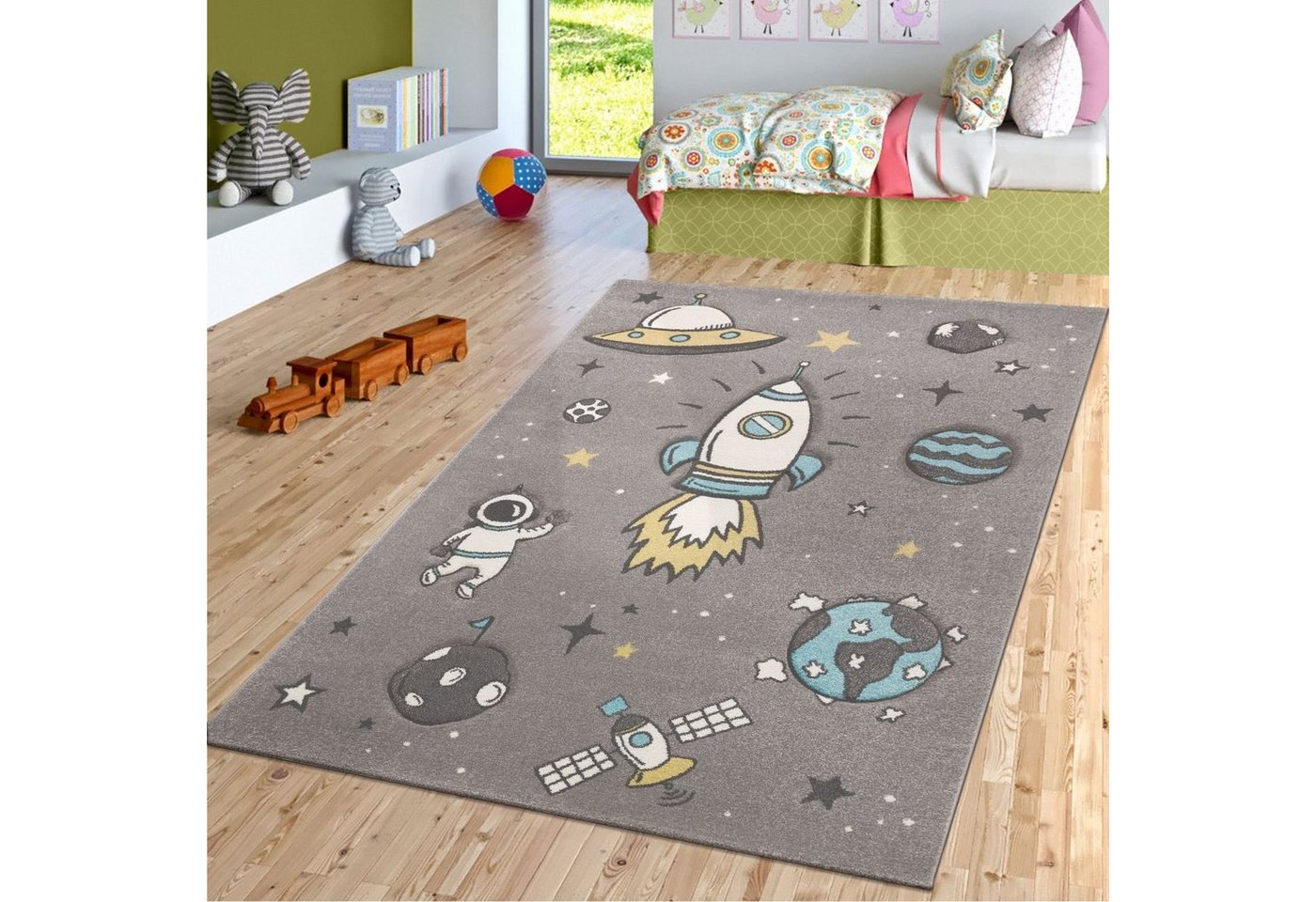 Kinderteppich Kinderzimmer Kurzflor Teppich Weltall Raketen Motiv, TT Home, Läufer, Höhe: 16 mm von TT Home