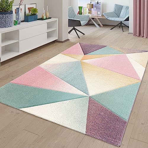 Moderner Teppich Wohnzimmer Teppiche Trapez Muster Pastell Farben Multicolor, Größe:70x140 cm von TT Home