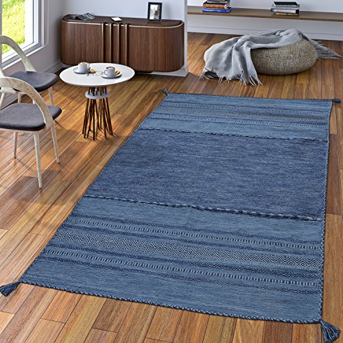 TT Home Handwebteppich Wohnzimmer Natur Webteppich Kelim Modern Baumwolle Streifen Blau, Größe:160x220 cm von TT Home