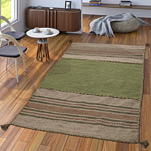 TT Home Handwebteppich Wohnzimmer Natur Webteppich Kelim Modern Baumwolle Streifen Grün, Größe:160x220 cm von TT Home