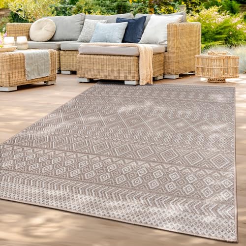 TT Home In-& Outdoor Teppich Wetterfest Balkon Küche Wohnzimmer Boho Rauten Design, Farbe: Beige 3, Größe:150 cm Quadrat von TT Home