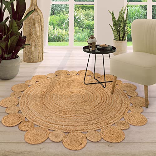 TT Home Jute Teppich Rund Wohnzimmer Esszimmer Boho Modern Handgemacht Mit Umrandung, Farbe: Natur, Größe:160 cm Rund von TT Home