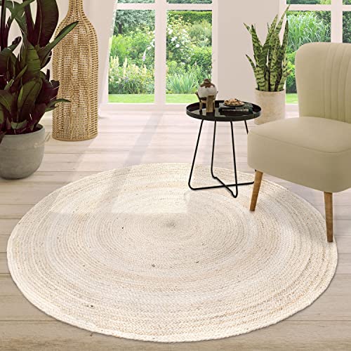 TT Home Jute Teppich Rund Wohnzimmer Esszimmer Boho Modern Handgemacht Mit Umrandung, Farbe:Weiß, Größe:100 cm Rund von TT Home