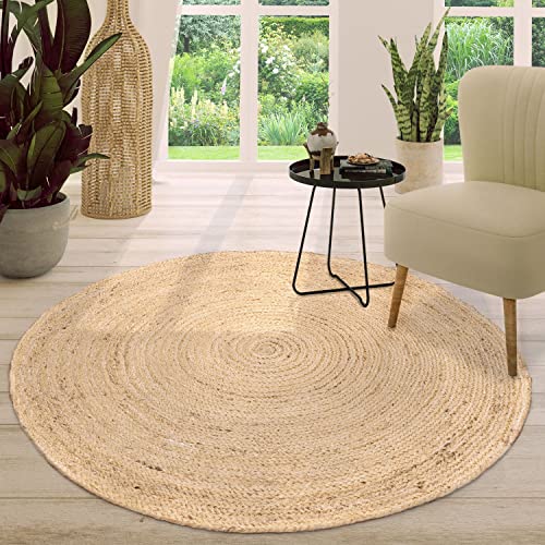 TT Home Jute Teppich Rund Wohnzimmer Esszimmer Boho Modern Handgemacht Mit Umrandung, Farbe: Elfenbein 2, Größe:120 cm Rund von TT Home