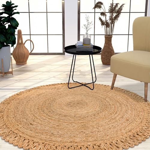 TT Home Jute Teppich Rund Wohnzimmer Esszimmer Boho Modern Handgemacht Mit Umrandung, Farbe: Natur 4, Größe:160 cm Rund von TT Home