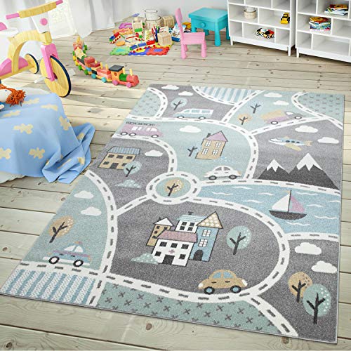 TT Home Kinder-Teppich, Spiel-Teppich Für Kinderzimmer, Mit Straßen-Motiv, In Grün Grau, Größe:120x170 cm von TT Home