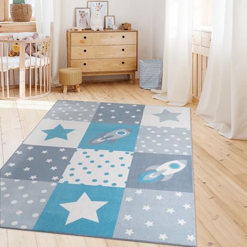 TT Home Kinderzimmerteppich Teppich Junge Mädchen Kinderteppich Baby Herzen Pastell, Farbe:Grau Beige Blau, Größe:80x150 cm von TT Home