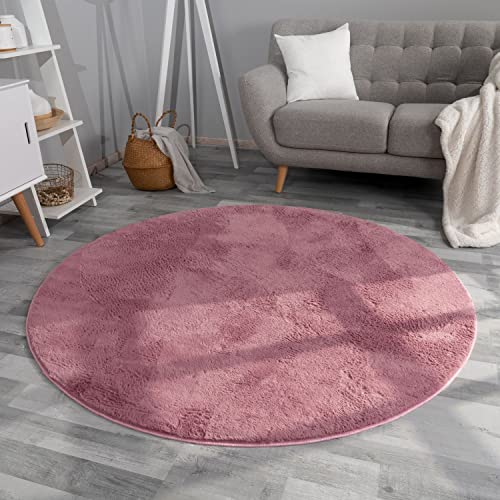 TT Home Wohnzimmer Teppich Hochflor Langflor Kunstfell Weich Modern Unifarben Flauschig, Farbe:Rosa Mauve, Größe:120 cm Rund von TT Home