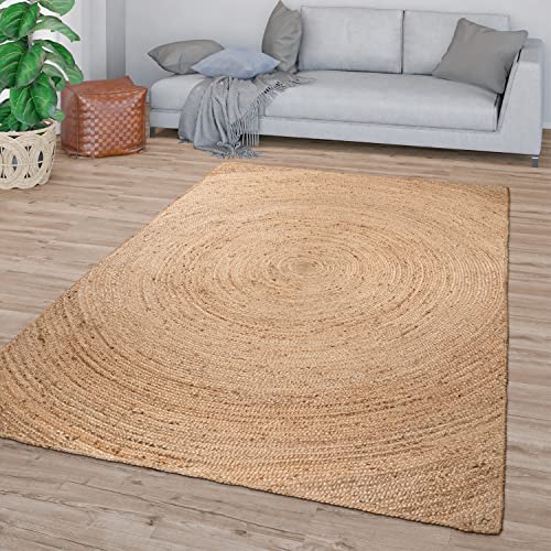 TT Home Wohnzimmer Teppich Jute Kurzflor Handgeknüpft Natur Design Abstrakt Modern Unifarben, Farbe: Beige Braun, Größe:120x170 cm von TT Home