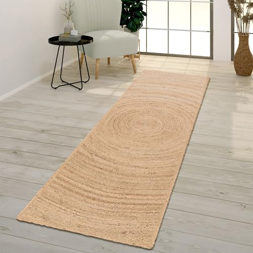 TT Home Wohnzimmer Teppich Jute Kurzflor Handgeknüpft Natur Design Abstrakt Modern Unifarben, Farbe: Beige Braun, Größe:80x250 cm von TT Home