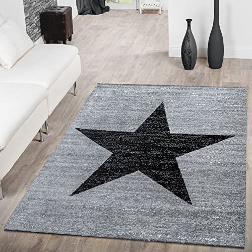 TT Home Wohnzimmer Teppich Kurzflor Sterne Modern Used Look Meliert, Farbe: Grau Schwarz, Größe:80x150 cm von TT Home