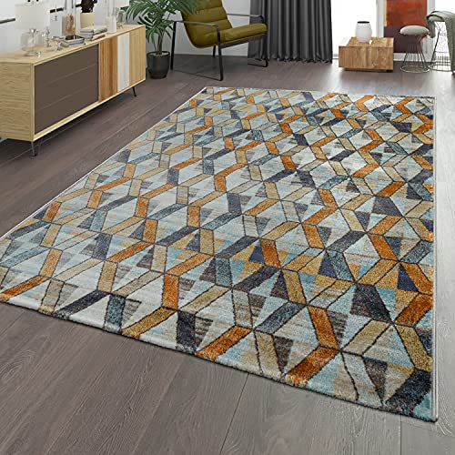 TT Home Wohnzimmer-Teppich m. Rauten-Muster Moderner Kurzflor-Teppich In Gelb Blau Grau, Größe:120x170 cm von TT Home