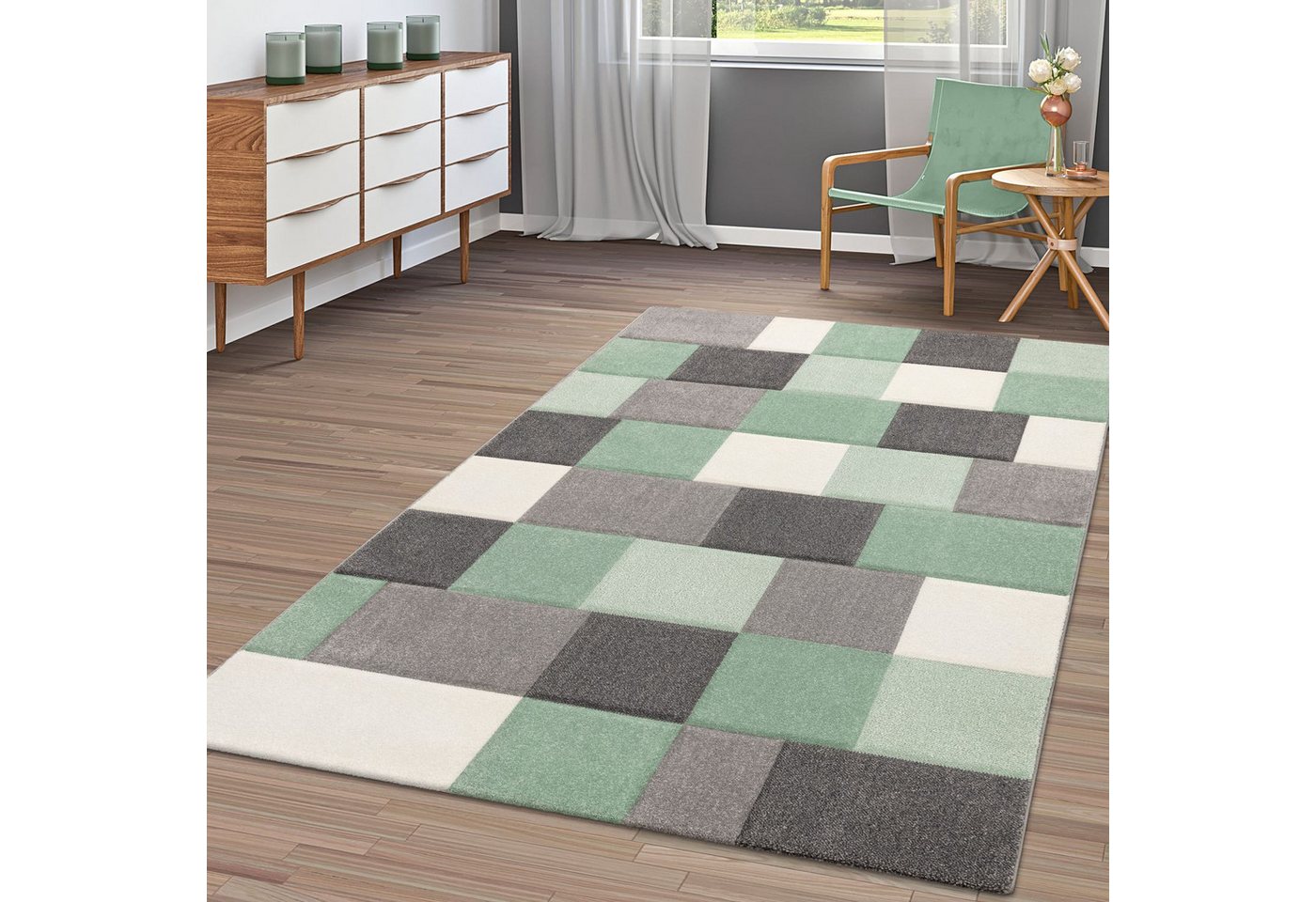 Teppich Moderner Kurzflor Teppich Wohnzimmer Konturenschnitt Kariert, TT Home, Läufer, Höhe: 17 mm von TT Home