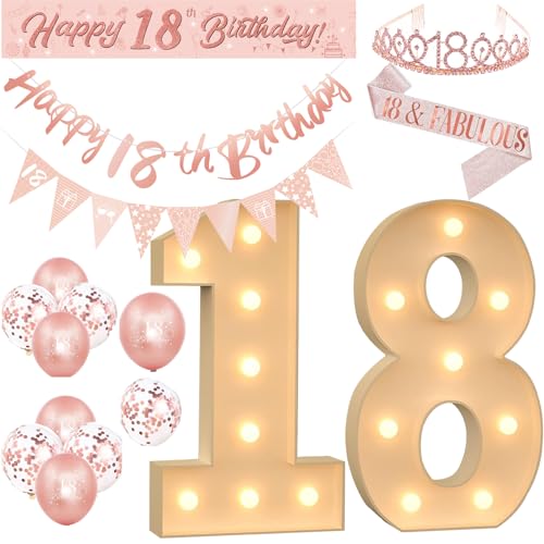 Beleuchtetes Set zum 18. Geburtstag, 120 cm, Festzelt, beleuchtete Zahlen, 30,5 cm Happy Birthday-Luftballons, Wimpelkette, Banner, Schärpe und Diadem, Sets für Geburtstagsparty-Dekoration von TTiiLoe