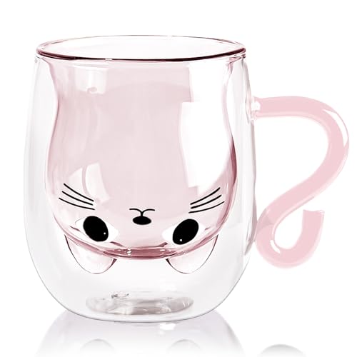 Katze Süße Tassen,Doppelwandige,Glas,mit Henkel Katze Geschenk,Katze Tee Kaffeetasse,Milchtasse,für Cappuccino,Latte Macchiato,Tee, Milch, EIS, Bier, Geburtstag Valentinstag Geschenke von TULEBOLIAN