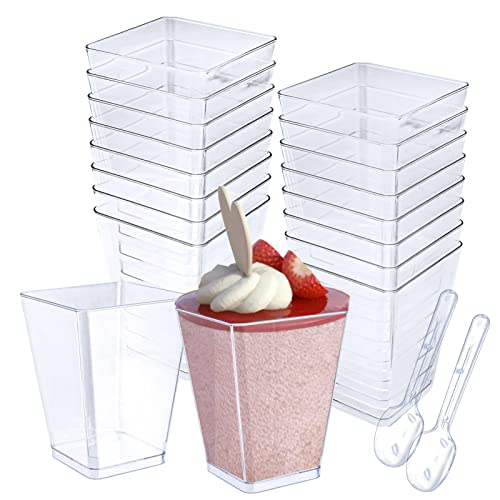 TULEBOLIAN 25pcs transparenten Dessertbechern mit Löffe,Wiederverwendbare,150-160ml, PS Material,Quadratische Dessertbecher zum Backen,Restaurant,Party（3.8x7.6cm） von TULEBOLIAN