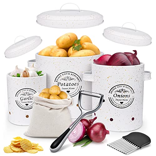 TWBEST Kartoffel Aufbewahrungsbox,Zwiebel Aufbewahrung Zwiebeltopf, Kartoffel Vorratsdosen Set,Großer Vorratsbehälter aus Metall,Küche Aufbewahrung, Kann Kartoffeln(Weißer Punkt von TWBEST