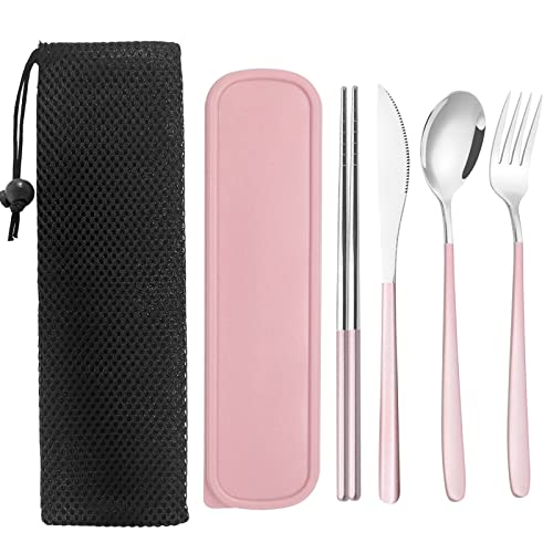 Edelstahl-Besteckset mit Etui, TWUTGAYW Tragbares Reisebesteck, Wiederverwendbares Gabel-LöFfel-Messer-EssstäBchen-Set für BüRo, Schule, Reisen, Camping, Picknick (Rosa, Silbrig) von TWUTGAYW