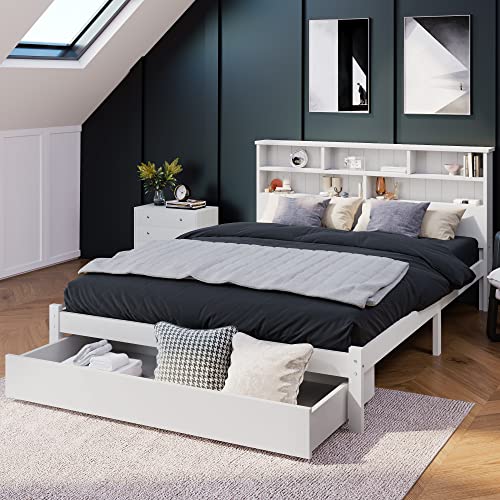 Doppelbett mit Schrank und Schubladen, Massivholz Kinderbett Jugendbett 140×200 mit Bücherregal und Lattenrost, Holzbett Funktionsbett Bettgestell Bettrahmen Für Erwachsene, Kinder, Jugendliche, Weiß von TZCIN