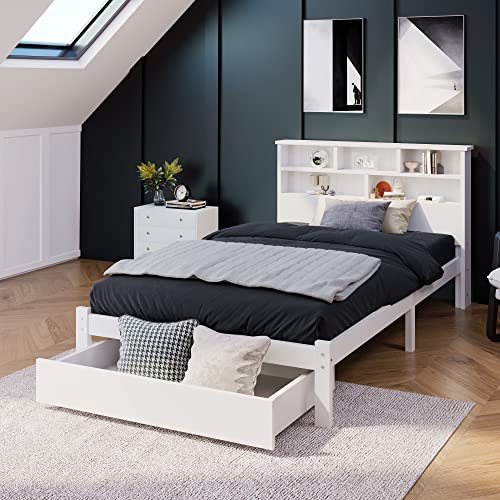 Einzelbett mit Schrank und Schubladen, Massivholz Kinderbett Jugendbett 90×200 mit Bücherregal und Lattenrost, Holzbett Funktionsbett Bettgestell Bettrahmen Für Erwachsene, Kinder, Jugendliche, Weiß von TZCIN