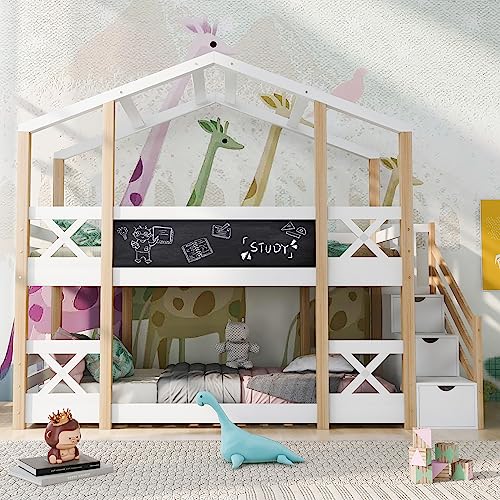 Hochbett mit Treppe Schubladen, Kinderbett Baumhaus Etagenbett Stockbett für 2 Kinder mit Rausfallschutz, Tafel und 2 Lattenrost, Massivholz Hausbett Jugendbett Doppelbett, 90 x 200 cm, Natur & Weiß von TZCIN