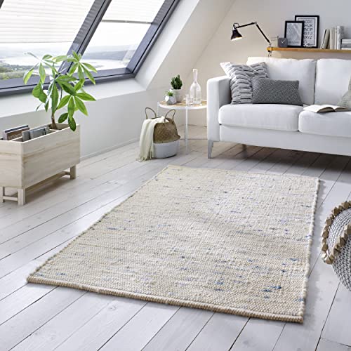 TacaHome Wollteppich Natur Handweb Teppich I Reine Schur-Wolle im Skandinavischen Design I Wohnzimmer Schlafzimmer Esszimmer Kinderzimer Büro | 200 x 290 cm Blau Meliert von TacaHome