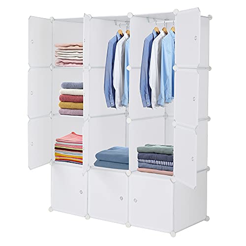 TactFire Kleiderschrank aus Kunststoff, Tragbarer Regalsystem, 12 Würfel, Modulare Kleiderschränke für Platzsparendes, Schlafzimmerschrank, Garderobenschrank, 105 x 45 x 140 cm, Weiße von TactFire