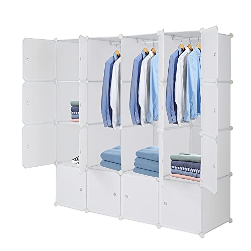 TactFire Kleiderschrank aus Kunststoff, 16 Würfel, Modulare Kleiderschränke für Platzsparendes, Kinderkleiderschrank, Garderobenschrank, Aufbewahrung von Kleidung, Schuhen, 140 x 45 x 140 cm, Weiße von TactFire