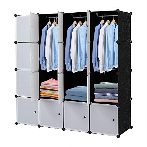 TactFire Kleiderschrank aus Kunststoff, 16 Würfel, Modulare Kleiderschränke für Platzsparendes, Kinderkleiderschrank, Garderobenschrank, Aufbewahrung von Kleidung, Schuhen, 140 x 45 x 140cm, Weiße Tür von TactFire