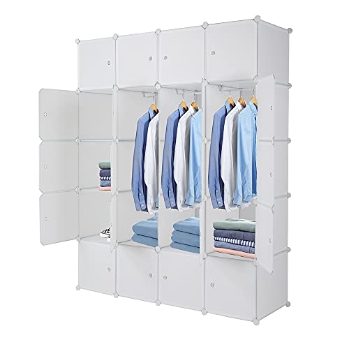 TactFire Kleiderschrank aus Kunststoff, 20 Würfel, Modulare Kleiderschränke für Platzsparendes, Kinderkleiderschrank, Garderobenschrank, Aufbewahrung von Kleidung, Schuhen, 140 x 45 x 175 cm, Weiße von TactFire