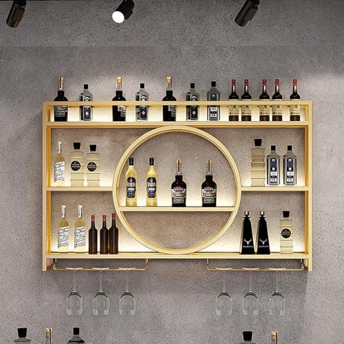 Industriell Wandmontierte Weinregal,HäNgender Runder Weinregalschrank Aus Metall, Wand Weinregal mit Glashalter,Multifunktionales Lagerregal, Weinflaschenrega(Size:100x15x80cm/39x6x31in,Color:gold) von Taifuan