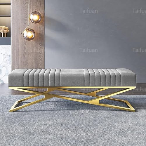 Luxuriöse Gepolsterte Sitzbank Mit Samt,Moderne Getuftete Schuhbank,Bequeme Schuhbank Im Eingangsbereich,X-förmige Metallbasis,Modernes Schlafzimmer-(Size:100x38x42cm(39x15x17inch),Color:hellgrau) von Taifuan