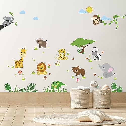 Tanlaby Dschungeltiere Wandtattoo Karikatur Tier Wandsticker Waldbaum Affe Elefant Giraffe Wandaufkleber für Kinder Babyzimmer Wohnzimmer Schlafzimmer Kinderzimmer Hause Wanddekoration von Tanlaby