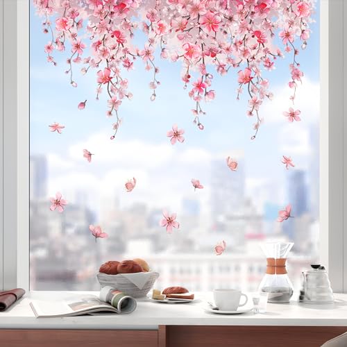 Tanlaby Rosa Kirschblüte Blume Fensterbilder Frühling Hängende Blumen Fensterfolie Selbsthaftend Wiederverwendbare Doppelseitige Statische Anti-Kollision Home Glas Fenster Türen Fensterdekoration von Tanlaby