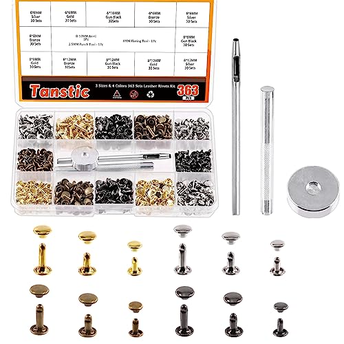 Tanstic 363Pcs Leather Rivets Kit, 3 Sizes 4 Colors Double Cap Rivets Flat Tubular Metal Studs with Setting Tool Kit for Leather Craft Repair Decoration(Silver/Gun Black/Bronze/Gold) von Tanstic