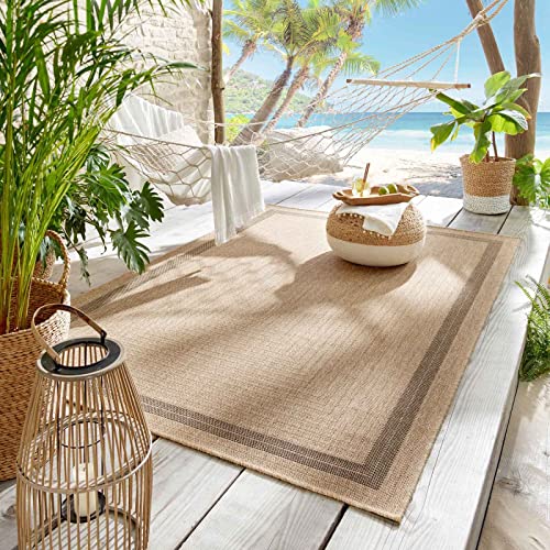 Outdoor & Indoor Teppich für Wohnzimmer Balkon Terrasse wetterfest Borneo Sisal-Jute-Optik naturfarben Natur Bordüre 140x200 cm von Taracarpet